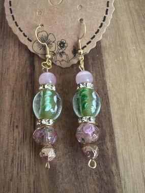 Handcrafted Green and Pink Glass Beaded Drop Earrings